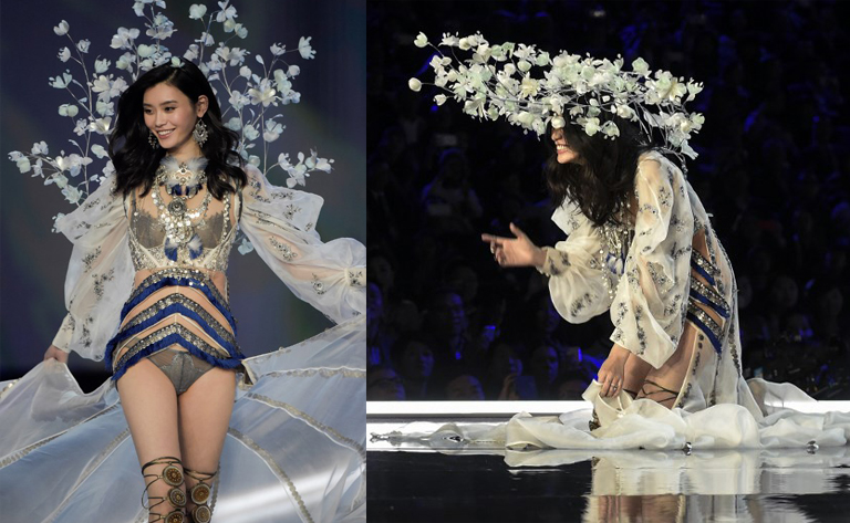 នារីម៉ូដែលចិនដើរបង្ហាញម៉ូដភ្លាត់ស្នៀត ក្នុងកម្មវិធី Victoria’s Secret