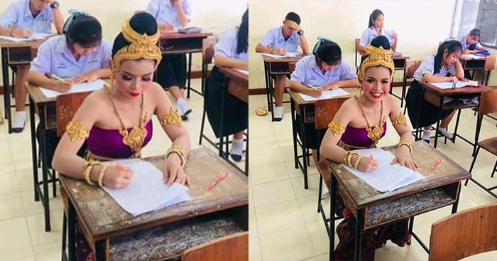 សិស្សស្រីតែងខ្លួនឈុតបុរាណចូលប្រលង បង្កឱ្យភ្ញាក់ផ្អើលអស់ទាំងគ្រូនិងមិត្តរួមថ្នាក់