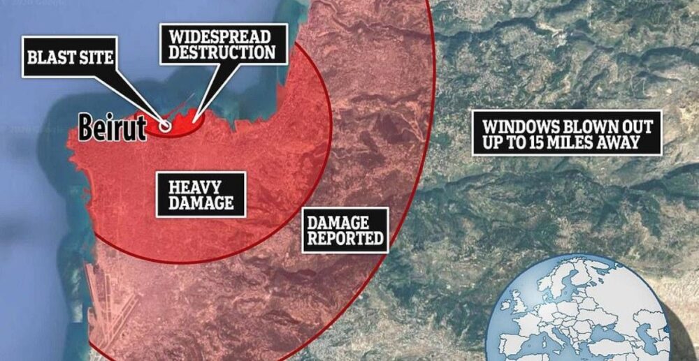 ទំហំ​រង្វង់​នៃ​ការ​បំផ្លាញ​នៅក្នុង​ហេតុ​ការណ៍​ផ្ទុះ​ដ៏សាហាវ​នៅ​លីបង់​