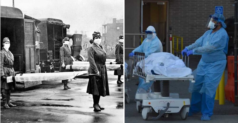 តួលេខ​នៃ​ការស្លាប់​ដោយសារ​វីរុស​ COVID-19 នាបច្ចុប្បន្ន និង H1N1 កាលពី​ឆ្នាំ 1918 នៅ សហរដ្ឋ​អាម៉េរិក