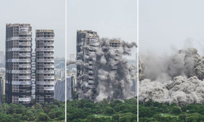 ទិដ្ឋភាព​អគារ​ភ្លោះ​កម្ពស់ ៣០ ជាន់ ត្រូវបាន​កម្ទេចចោល ព្រោះ​សាងសង់​ខុសច្បាប់